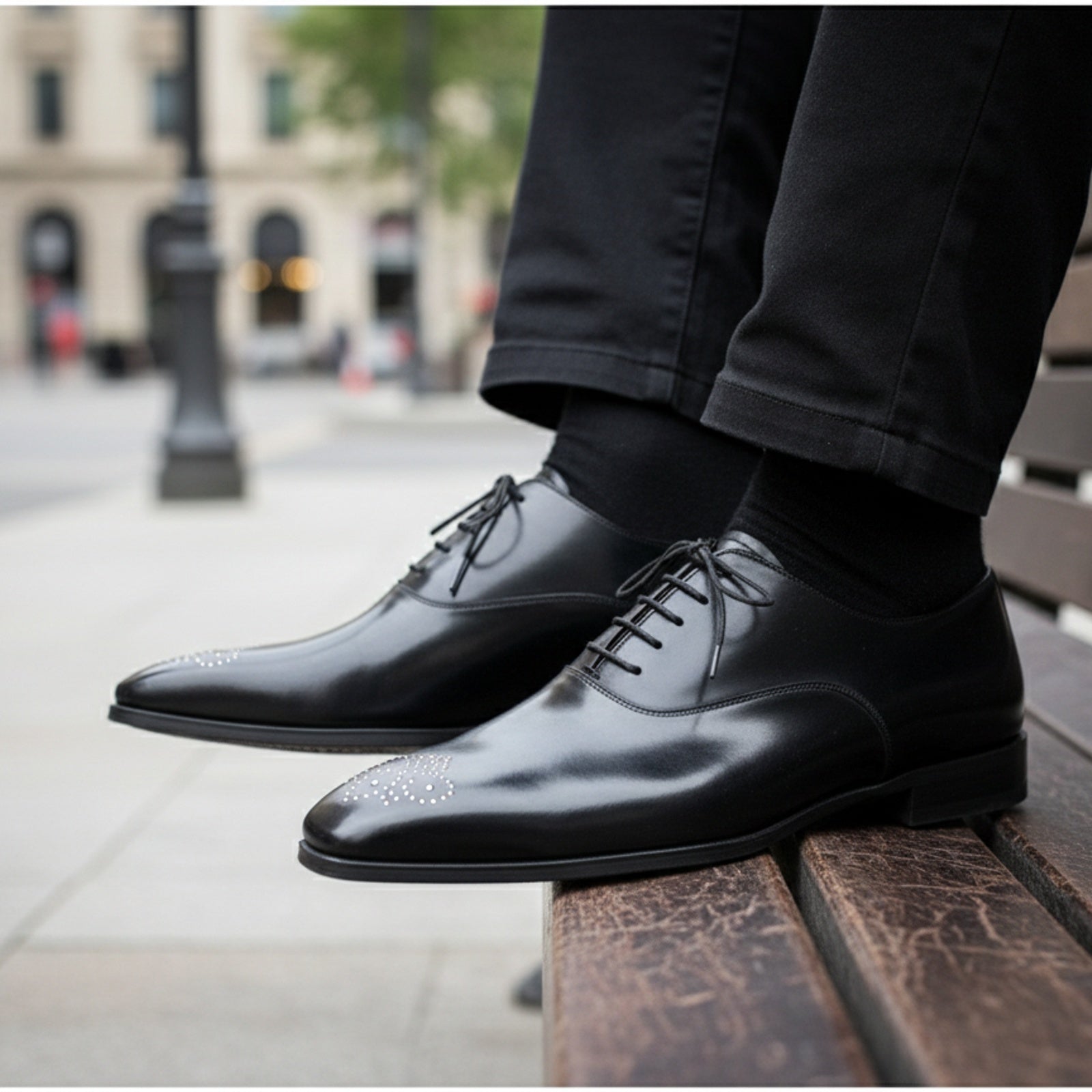 Handmade Mens Formal Shoes, Mens Fashion Black Dress Shoes, Mens Shoes - model-sitting-bench