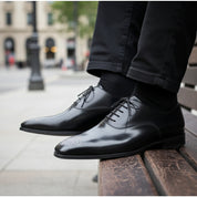 Handmade Mens Formal Shoes, Mens Fashion Black Dress Shoes, Mens Shoes - model-sitting-bench