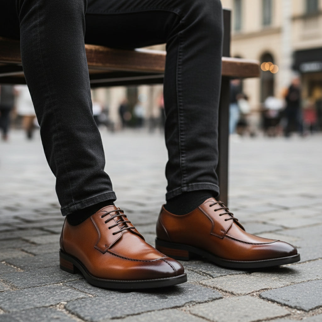 Men's Black Leather Derby Shoes - model-sitting-bench