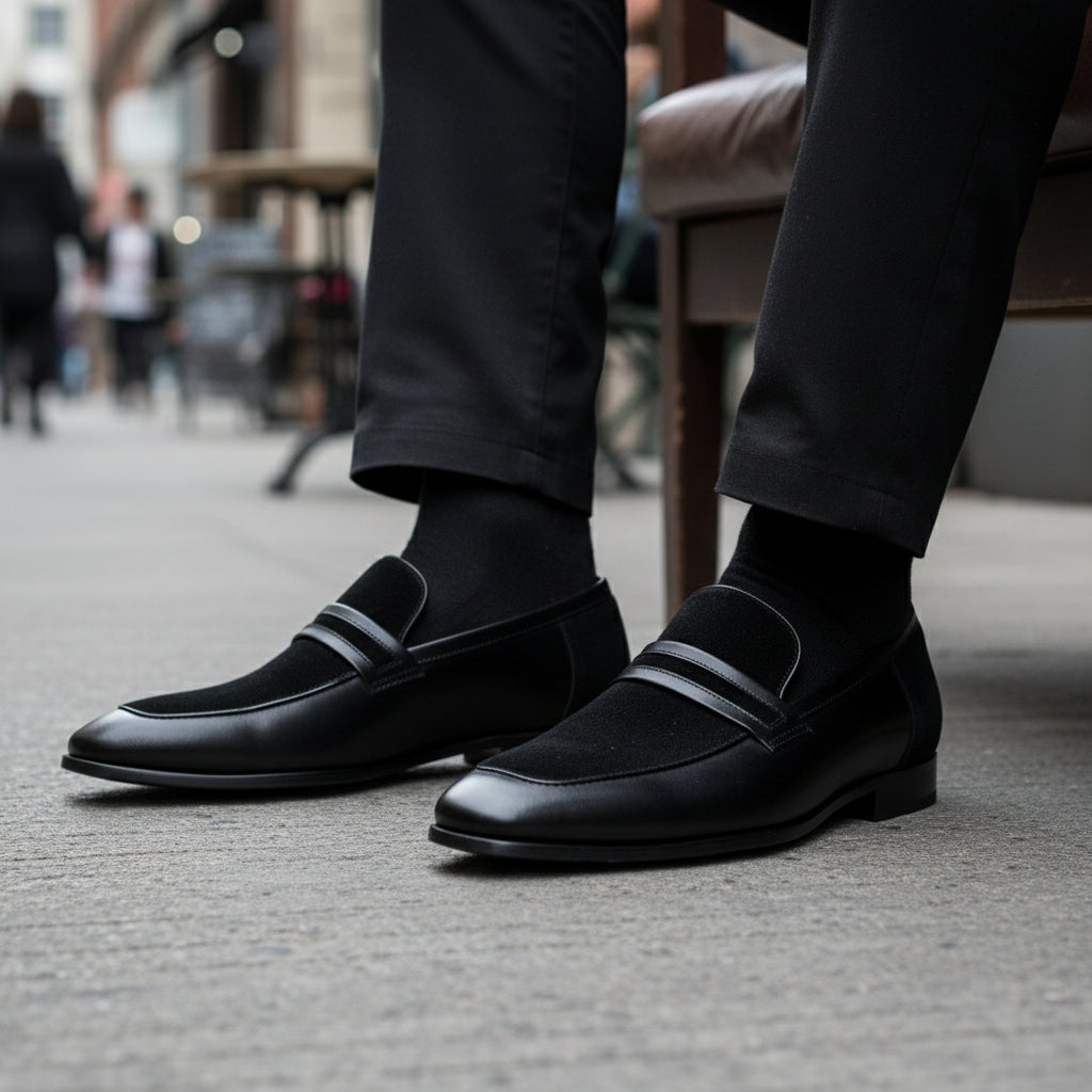 Handmade Mens Leather Shoes, Men Formal Slip on Leather Moccasin Dress Shoe - model-sitting-bench