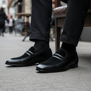 Handmade Mens Leather Shoes, Men Formal Slip on Leather Moccasin Dress Shoe - model-sitting-bench