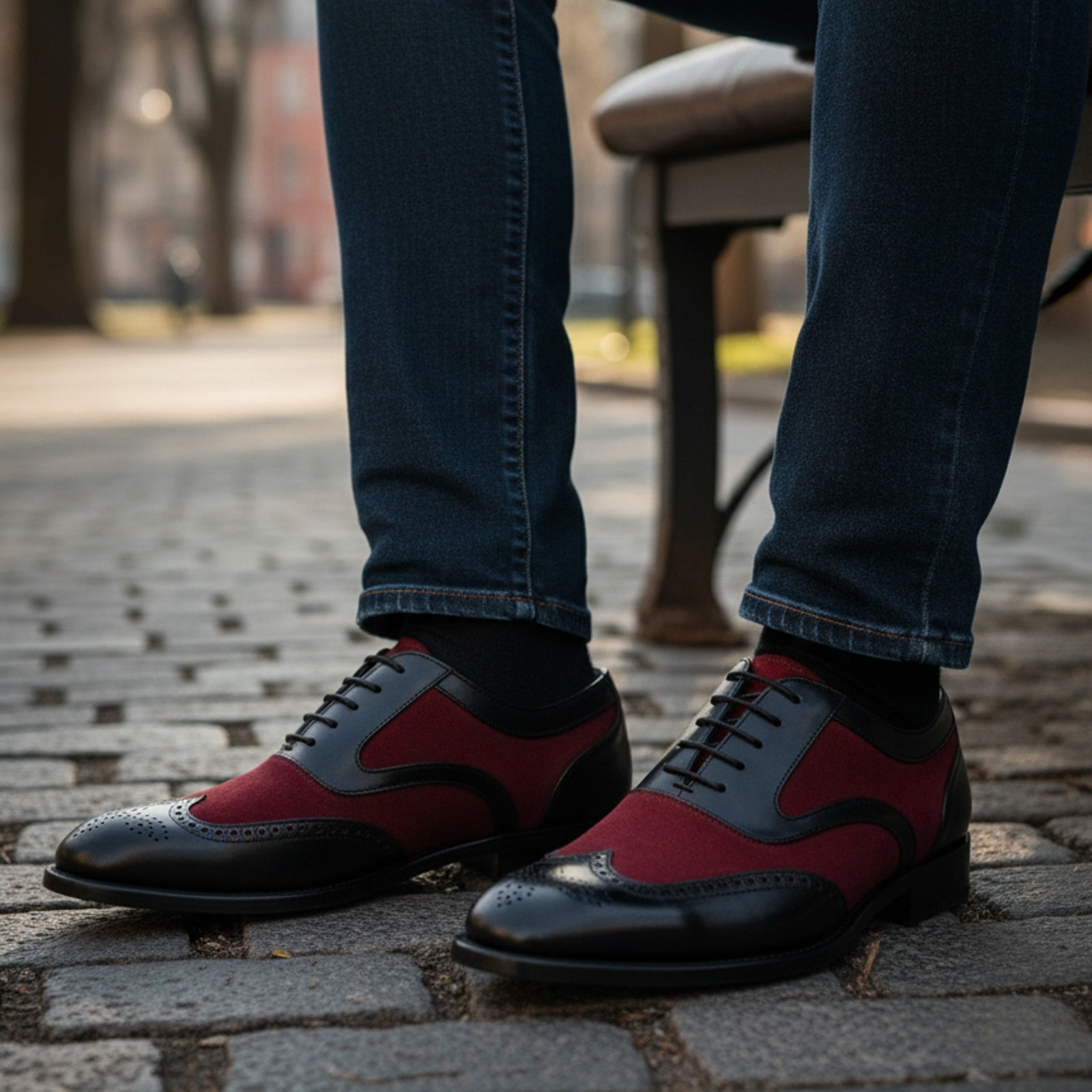 Handmade Mens Oxford Wing Tip Suede and Calf Leather Black and Red - model-sitting-bench
