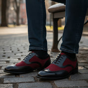 Handmade Mens Oxford Wing Tip Suede and Calf Leather Black and Red - model-sitting-bench