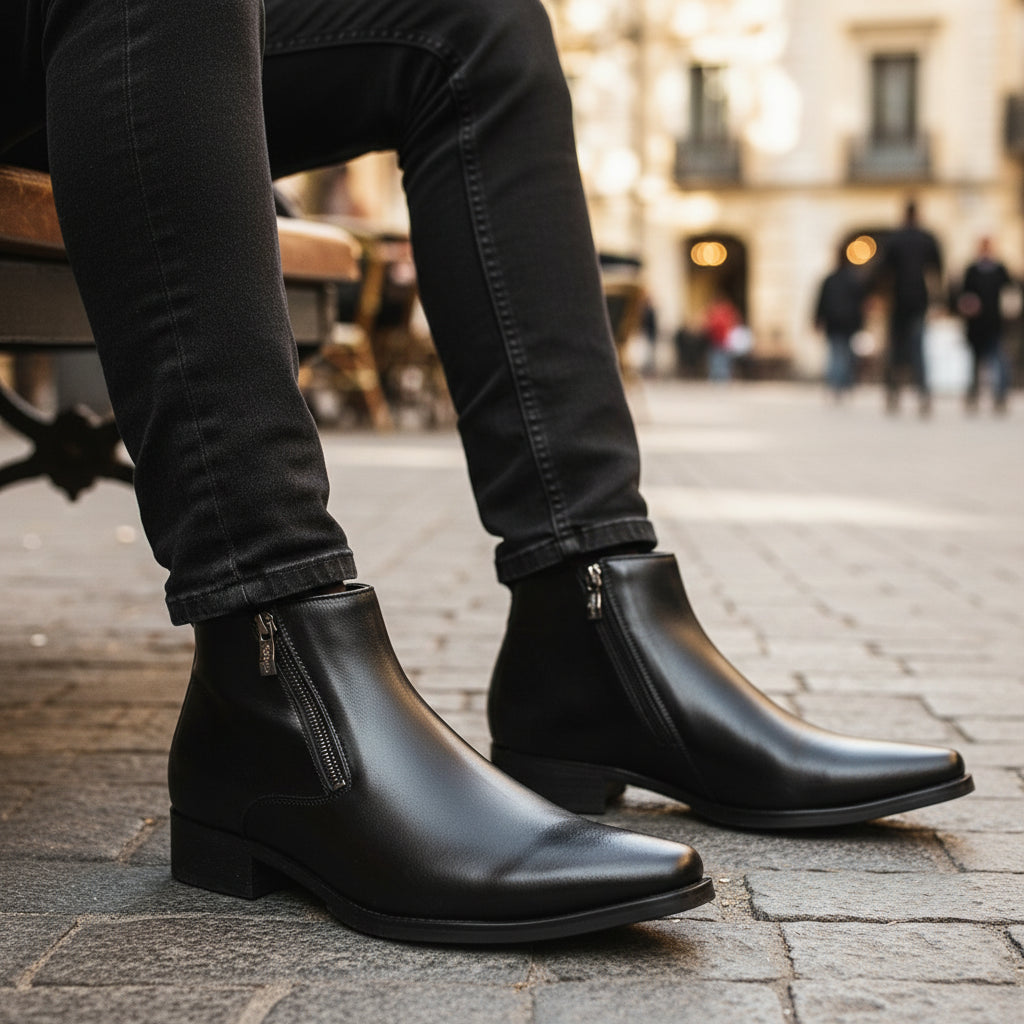 Handmade Mens Pointed Toe Boots, Men Black Zipper Ankle Boot, Fashion - model-sitting-bench