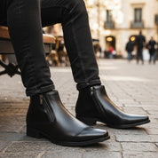 Handmade Mens Pointed Toe Boots, Men Black Zipper Ankle Boot, Fashion - model-sitting-bench