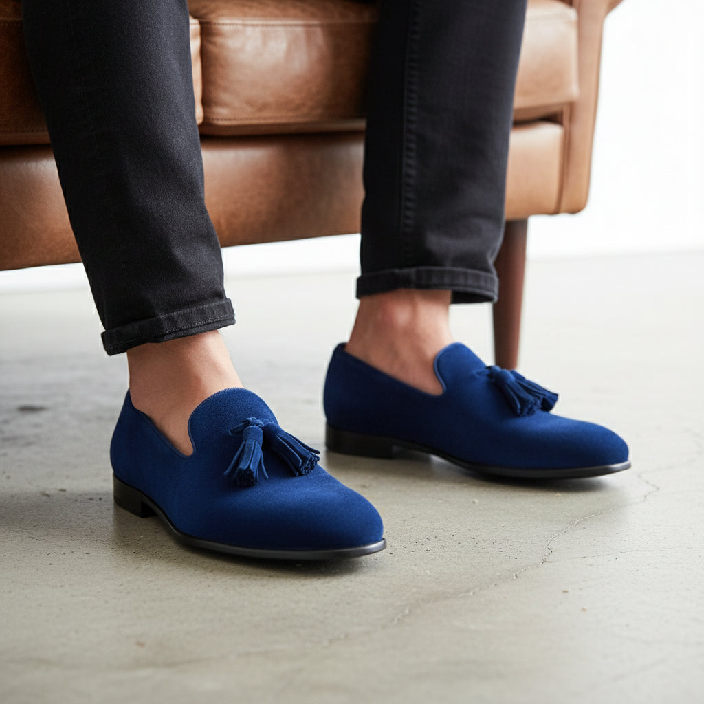 Handmade Mens Royal Blue Tassels Loafer Velvet Shoes, Men Blue Velvet Shoes - model-sitting-bench