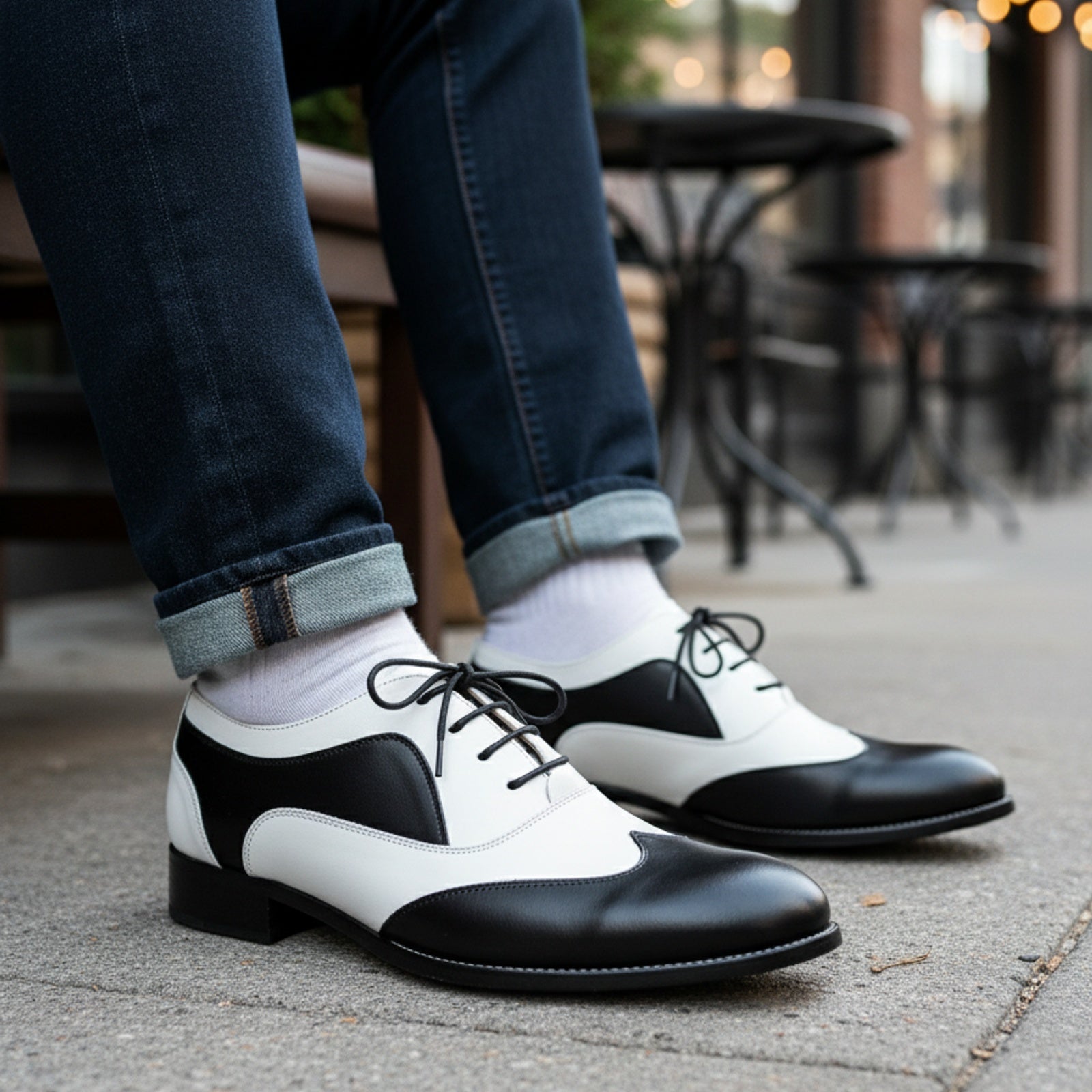 Handmade Mens Spectator Shoes, Men Black and White Lace Up Shoes, Shoes - model-sitting-bench
