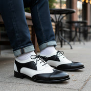 Handmade Mens Spectator Shoes, Men Black and White Lace Up Shoes, Shoes - model-sitting-bench