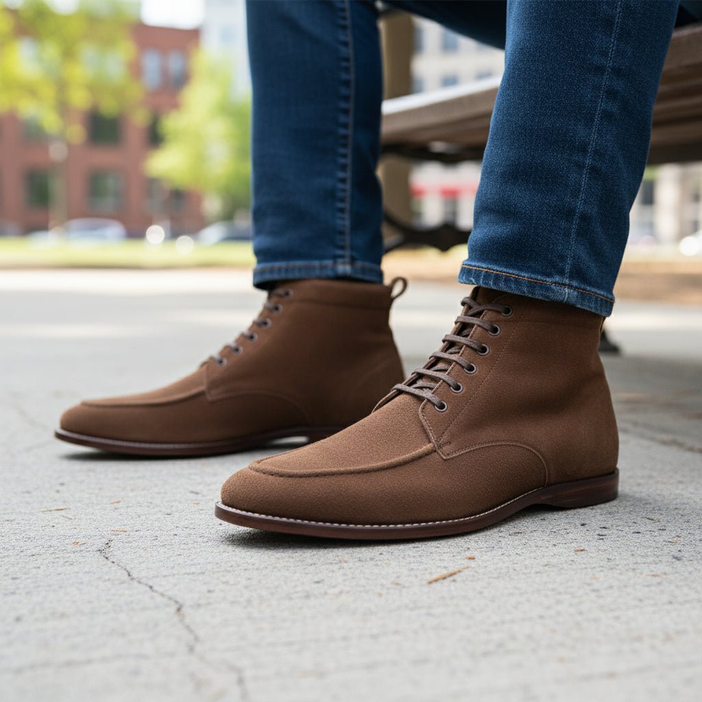 Men's Brown Suede Moc-Toe Lace-Up Boots - model-sitting-bench