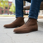 Men's Brown Suede Moc-Toe Lace-Up Boots - model-sitting-bench