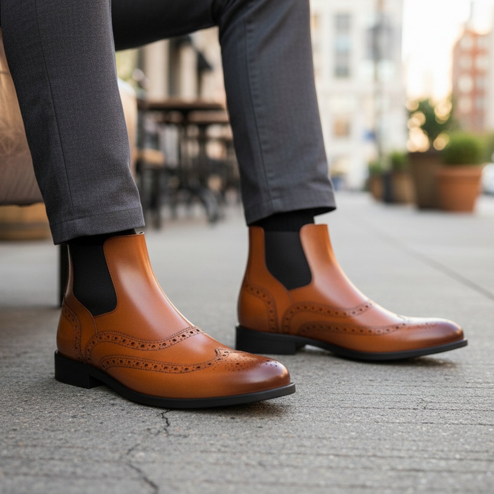 Men's Tan Leather Chelsea Boots - model-sitting-bench