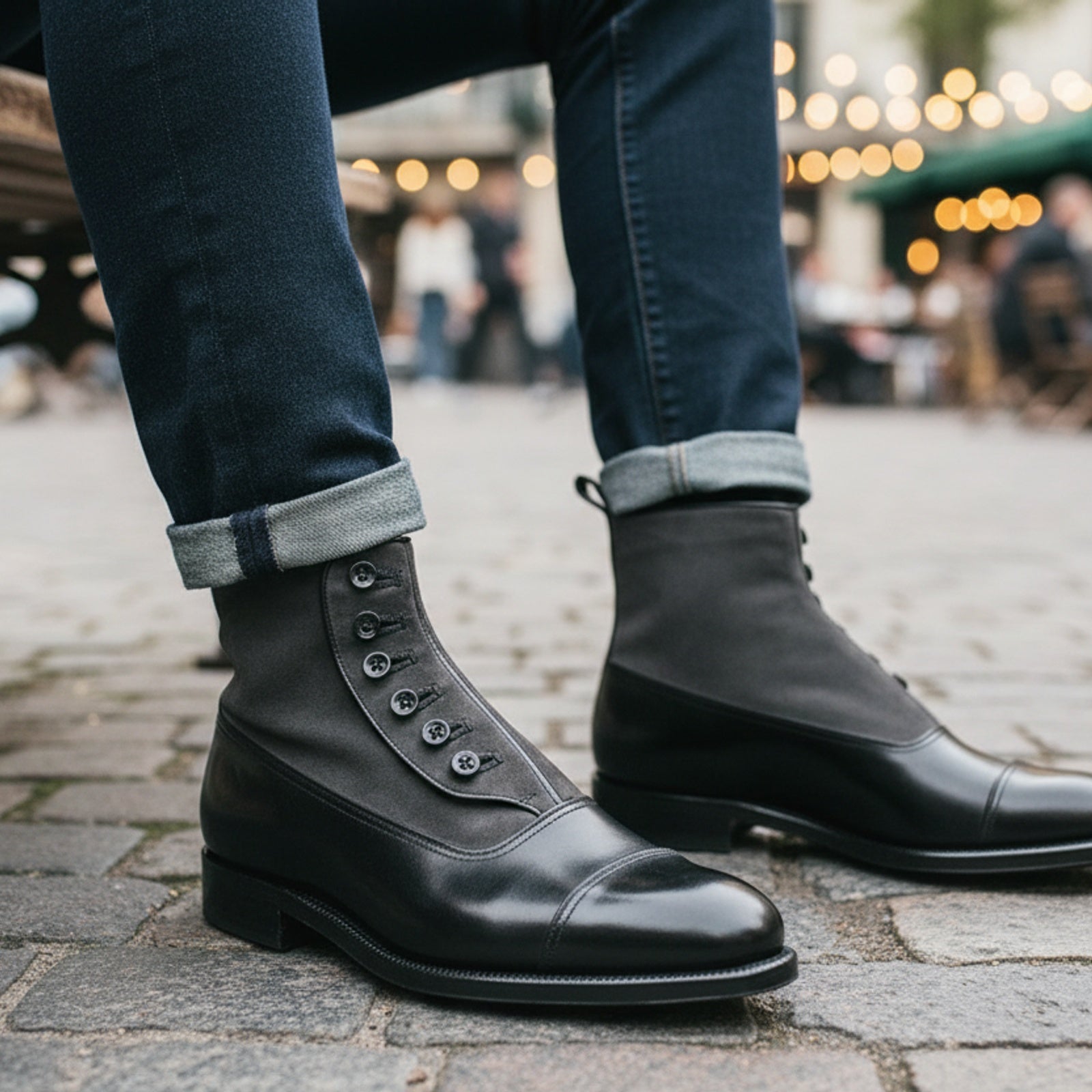 Men's Black & Gray Leather Ankle Boots - model-sitting-bench