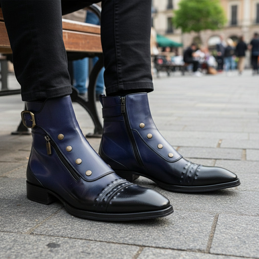 High Ankle Leather Boots with Blue Side Zipper - model-sitting-bench