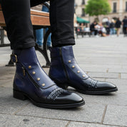 High Ankle Leather Boots with Blue Side Zipper - model-sitting-bench