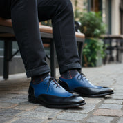 Leather Formal Dress Shoes in Black and Blue - model-sitting-bench