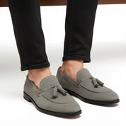Light Gray Suede Tassel Moccasins - model-sitting-bench