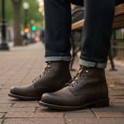 Men Brown Combat Boot, Lace Up Boots, Handmade Leather Boot - model-sitting-bench