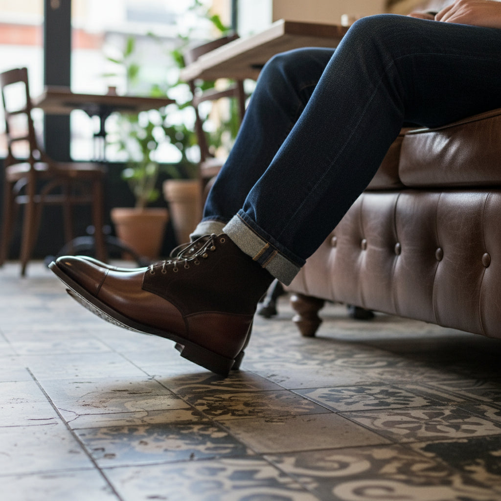 Men Brown Suede and Leather Lace Up Boots, Mens Fashion Leather Boots - model-sitting-bench
