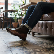 Men Brown Suede and Leather Lace Up Boots, Mens Fashion Leather Boots - model-sitting-bench