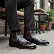 Men Crocodile Boots, Dark Brown Crocodile Texture Boots, Mens Boot - model-sitting-bench