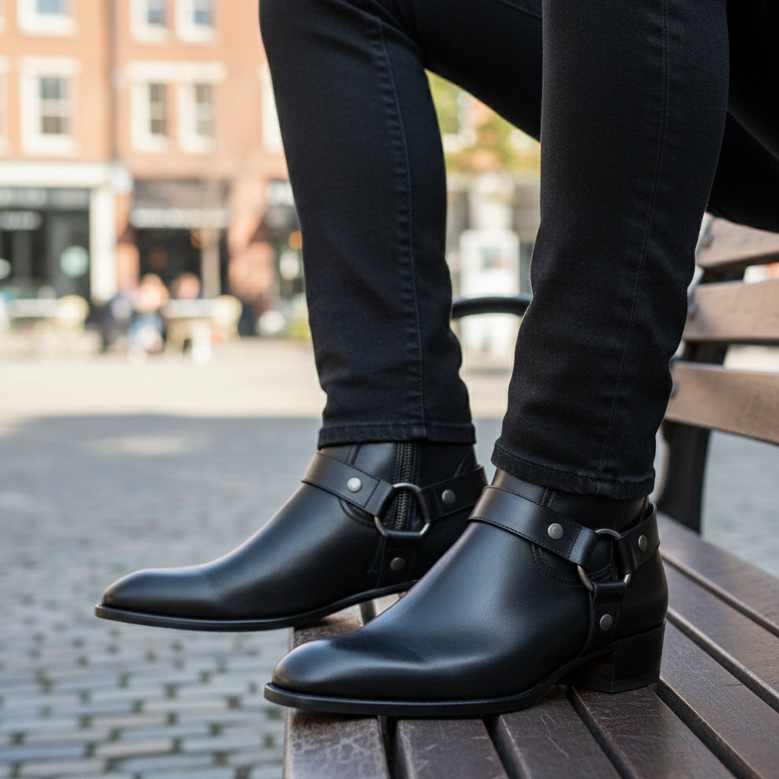 Men Fashion High Ankle Side Zipper Black Boot, Men Genuine Leather Boot - model-sitting-bench
