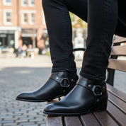 Men Fashion High Ankle Side Zipper Black Boot, Men Genuine Leather Boot - model-sitting-bench