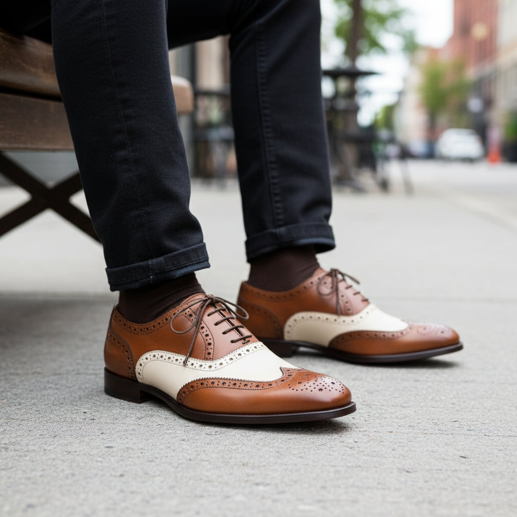 Men Spectator Shoes, Two Tone Shoes, Brown and White Formal Shoes, - model-sitting-bench