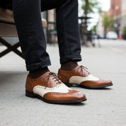 Men Spectator Shoes, Two Tone Shoes, Brown and White Formal Shoes, - model-sitting-bench