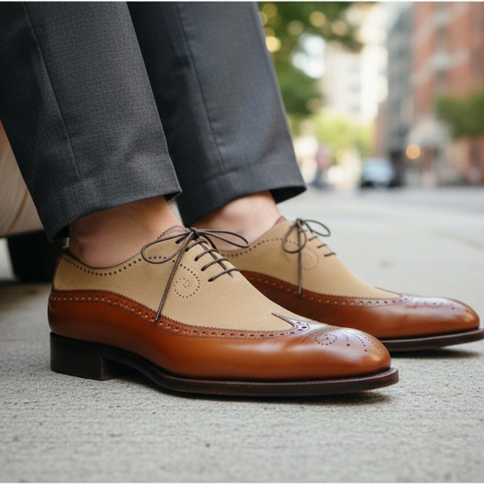 Men Spectator Shoes, Wingtip Brogue Two Tone Shoes, Formal Dress Shoes - model-sitting-bench