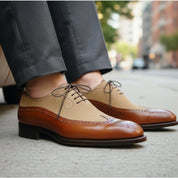 Men Spectator Shoes, Wingtip Brogue Two Tone Shoes, Formal Dress Shoes - model-sitting-bench