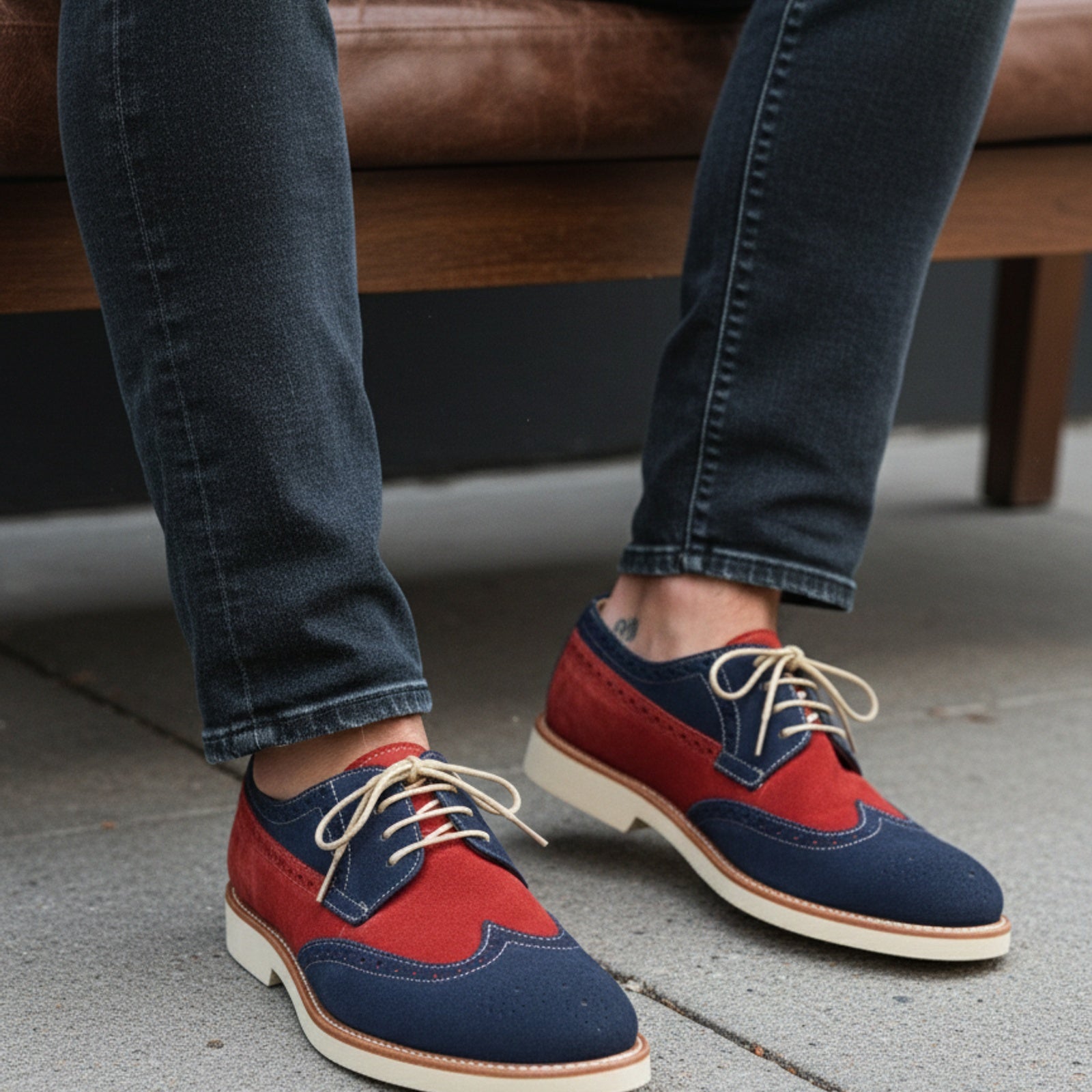 Men Two Tone Suede Leather Shoes, Derby Red and Navy Crepe Sole Shoes - model-sitting-bench