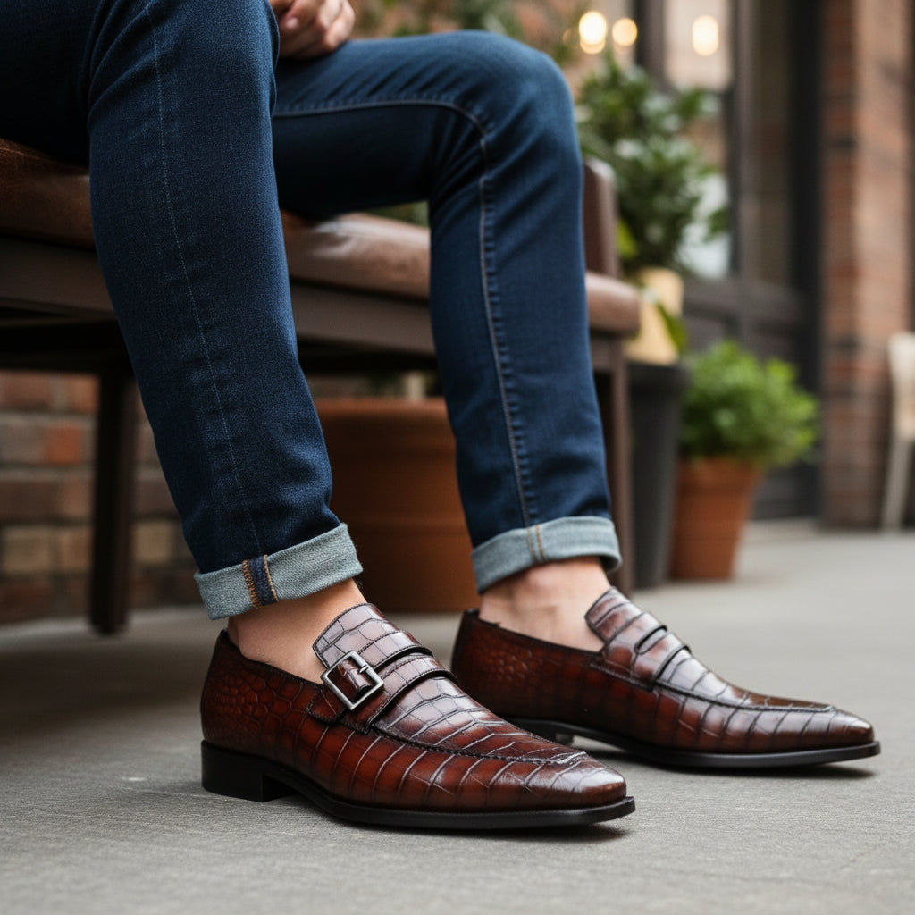 Men's Alligator Embossed Leather Moccasins - model-sitting-bench