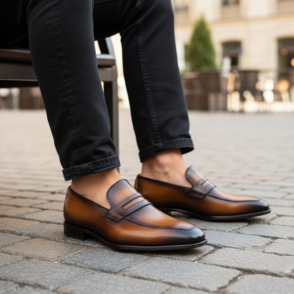 Men's Almond Toe Moccasin Dress Shoes in Tan and Black Leather - model-sitting-bench