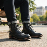 Men's Ankle High Black Leather Casual Boots - model-sitting-bench
