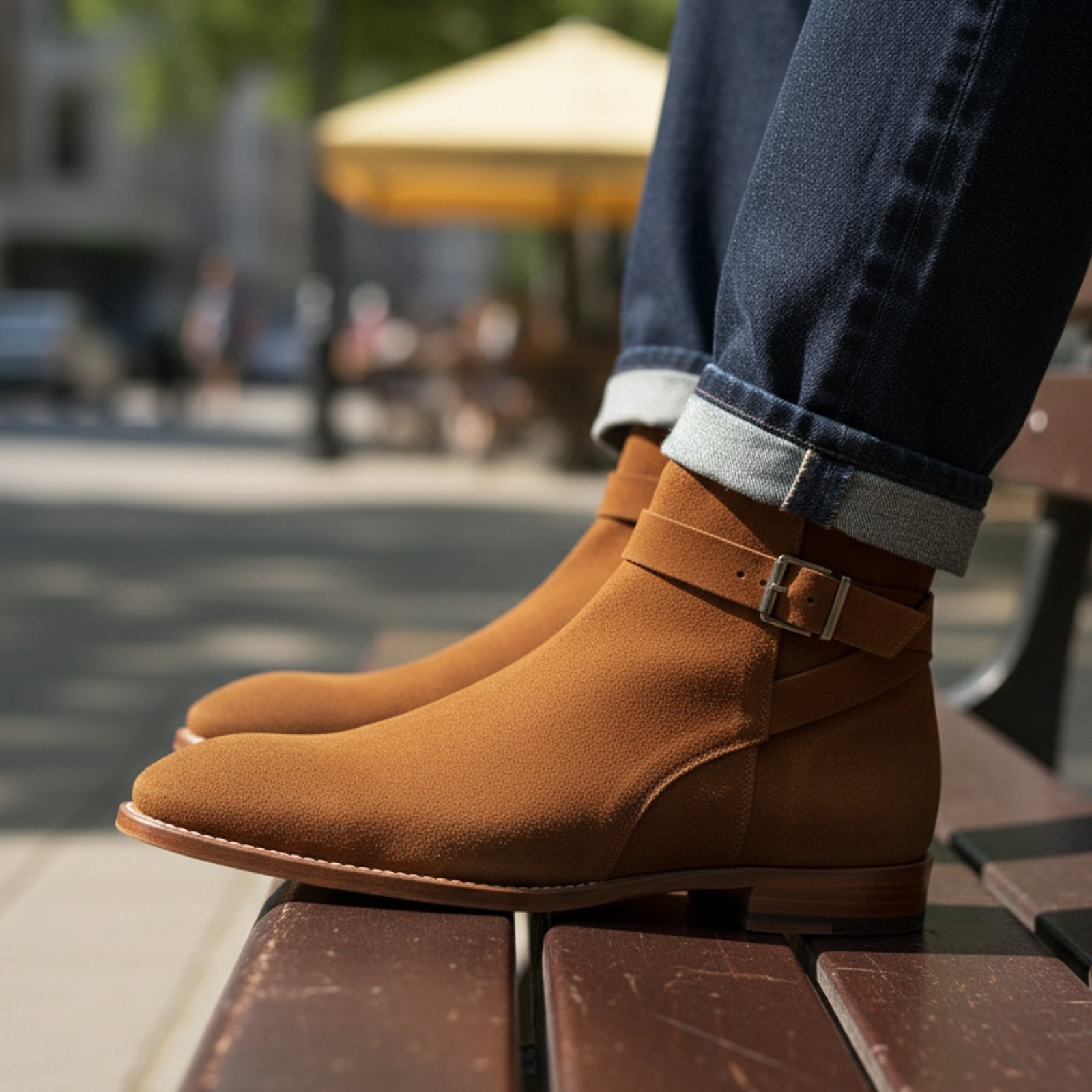 Men's Ankle High Suede Jodhpurs Boots in Tan Brown - model-sitting-bench