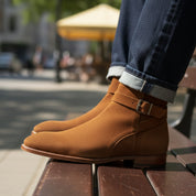 Men's Ankle High Suede Jodhpurs Boots in Tan Brown - model-sitting-bench