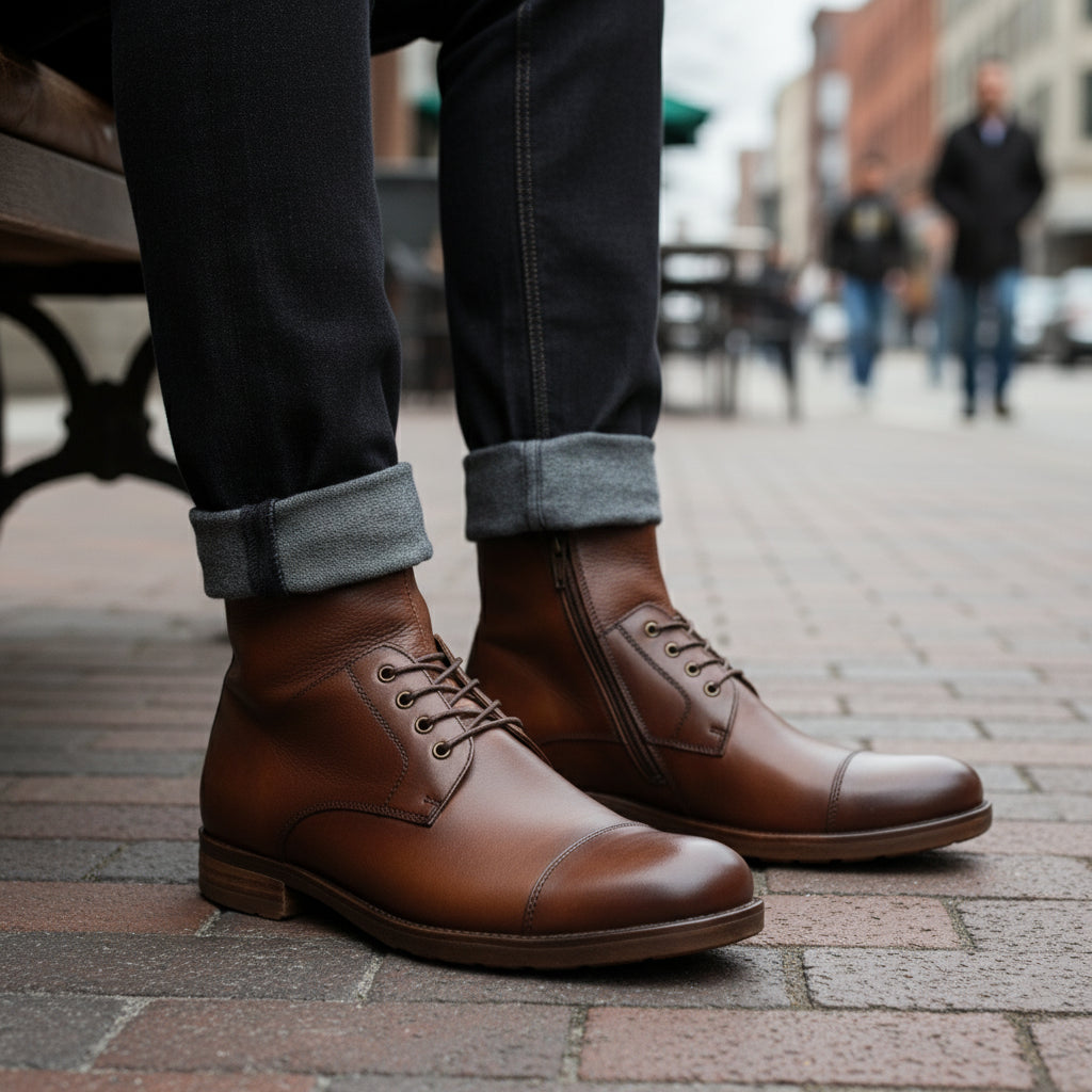 Men's Antique Brown Leather Ankle Boots with Side Zipper - model-sitting-bench