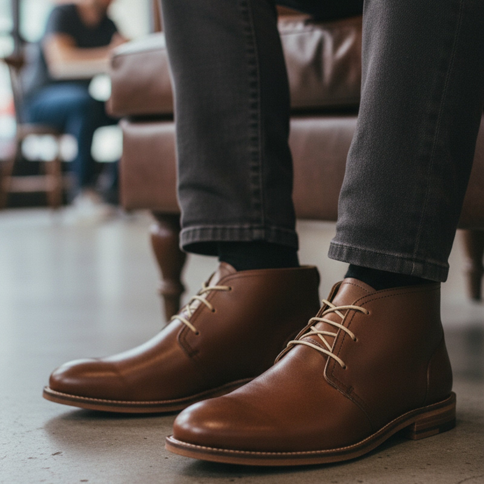 Men's Antique Brown Leather Chukka Boots - model-sitting-bench