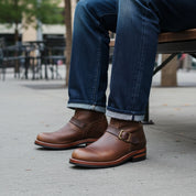 Men's Antique Brown Leather Motorcycle Boots - model-sitting-bench