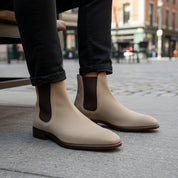 Men's Beige Suede Chelsea Ankle Boots - model-sitting-bench