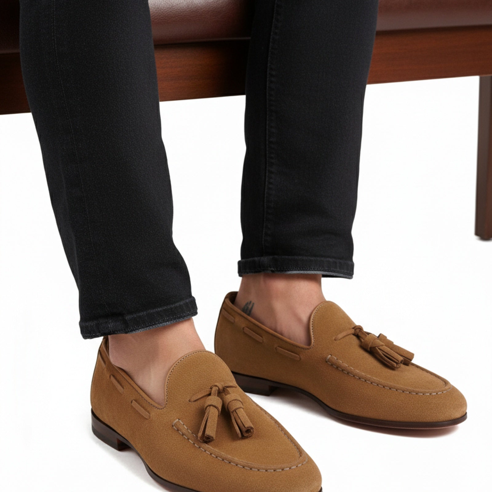 Men's Beige Suede Loafers - model-sitting-bench