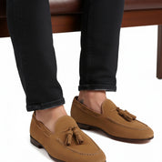 Men's Beige Suede Loafers - model-sitting-bench