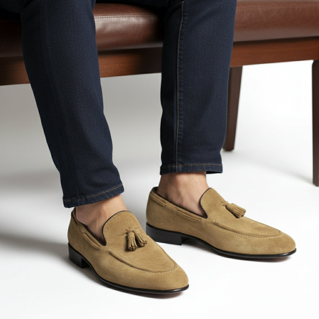 Men's Beige Suede Moccasins - model-sitting-bench