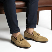 Men's Beige Suede Moccasins - model-sitting-bench