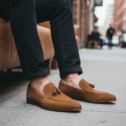 Men's Beige Tassel Moccasin Loafers - model-sitting-bench