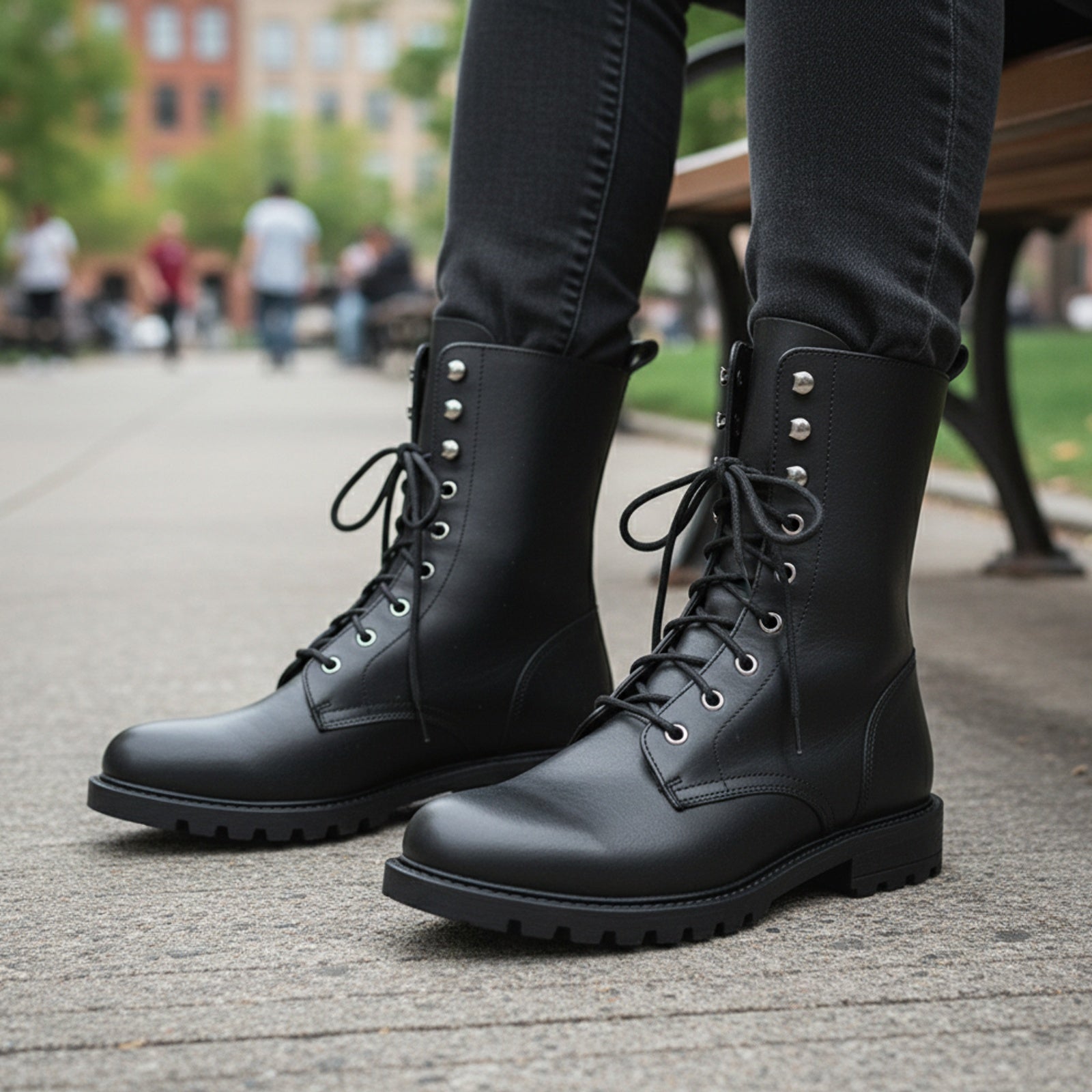 Men's Biker Leather Boots | Rider Boots - model-sitting-bench