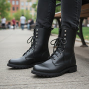 Men's Biker Leather Boots | Rider Boots - model-sitting-bench