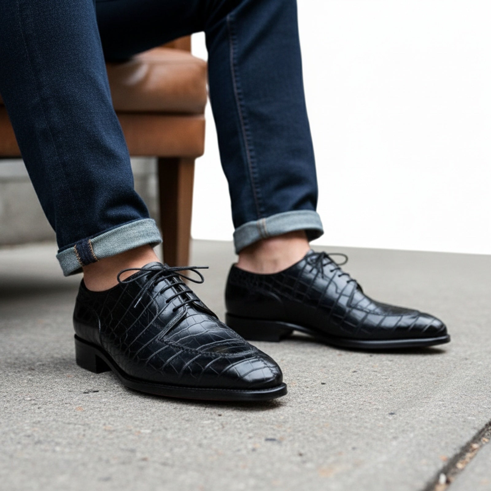 Men's Black Alligator Embossed Leather Dress Shoes - model-sitting-bench