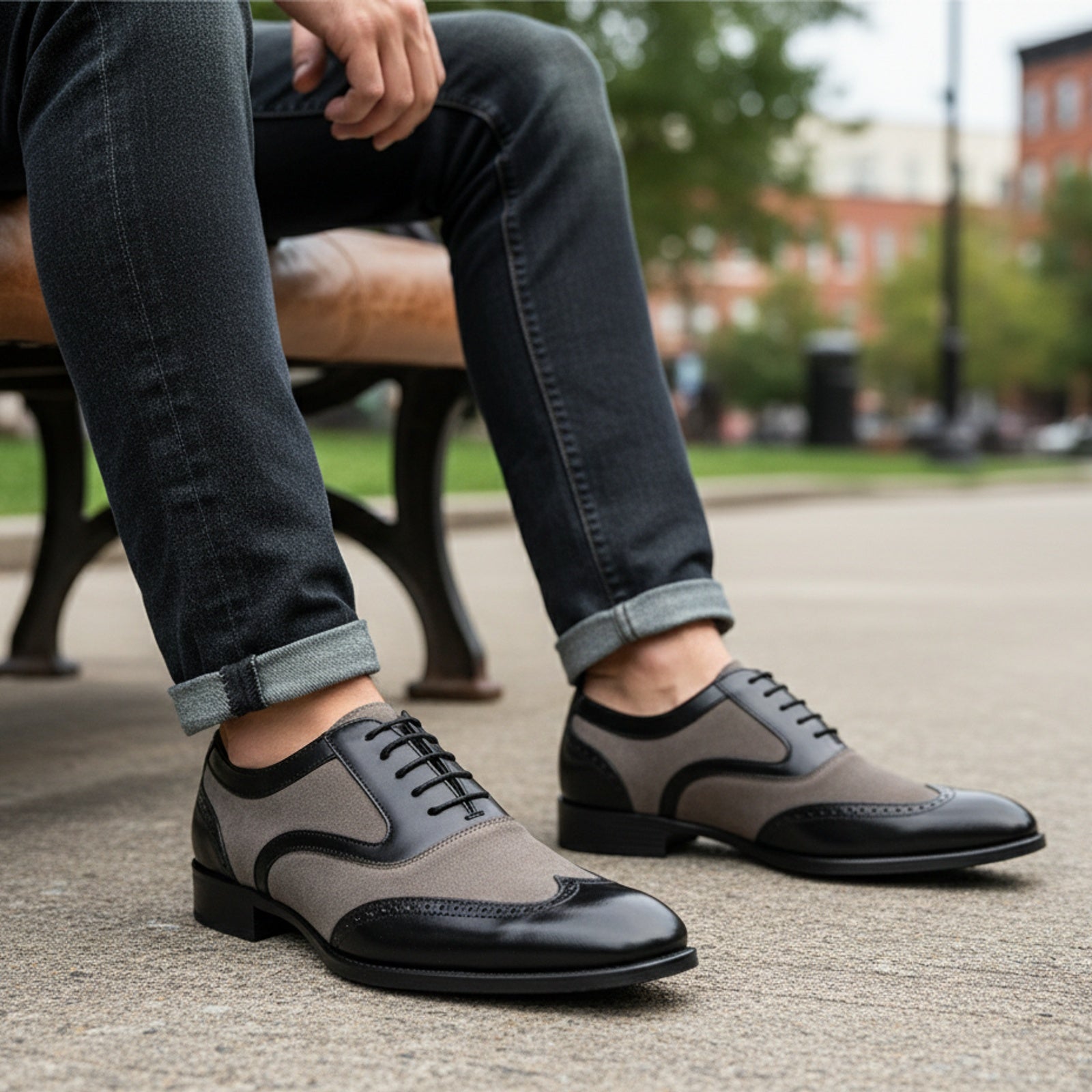 Men's Black and Gray Wingtip Brogue Tuxedo Dress Shoes - model-sitting-bench