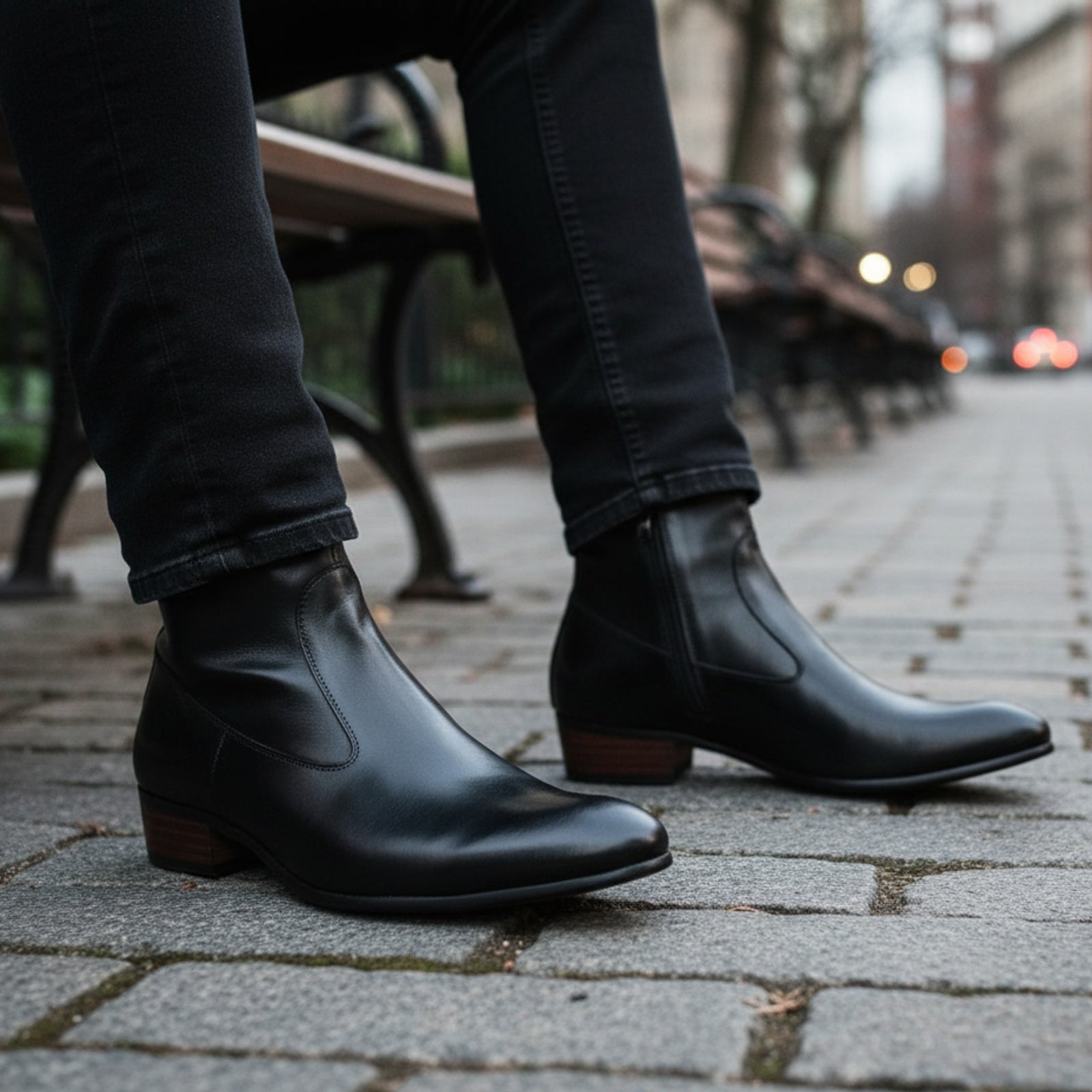 Men's Black Ankle Leather Boots with Side Zipper - model-sitting-bench